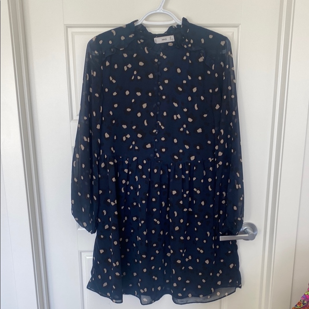 Mango Blue and Black Tiered dress with long sleeves buttons animal print